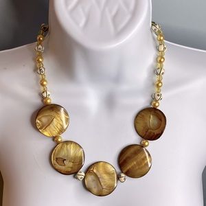 Shell disc carved bone beaded necklace yellow gold